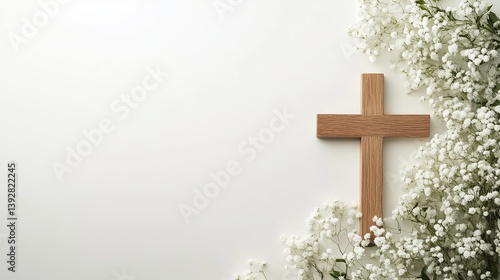 Beautiful easter background with wooden cross and white gypsophila flowers for easter celebration