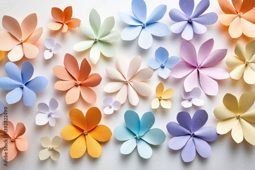 Fototapeta premium A flat lay image of multicolored paper flowers, hand-formed in shades of soft pastel and bold hues, displayed neatly on a white background