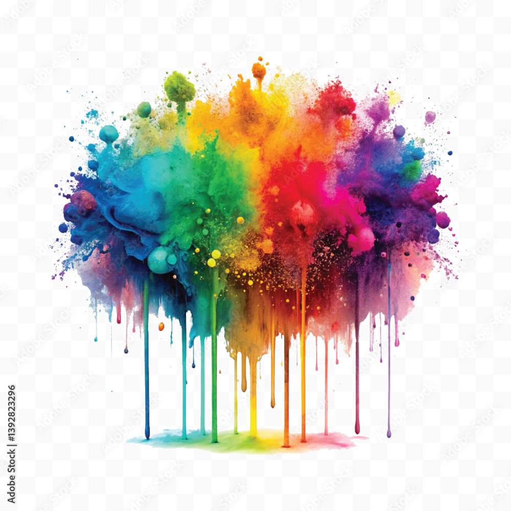 vibrant holi splash splatter dripping down isolated on transparent white background