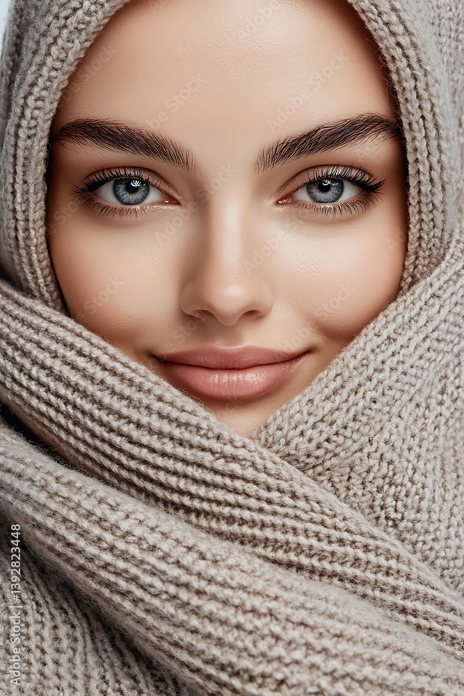 Woman, knitted scarf, studio portrait, winter Woman, knitted scarf, studio portrait, winter