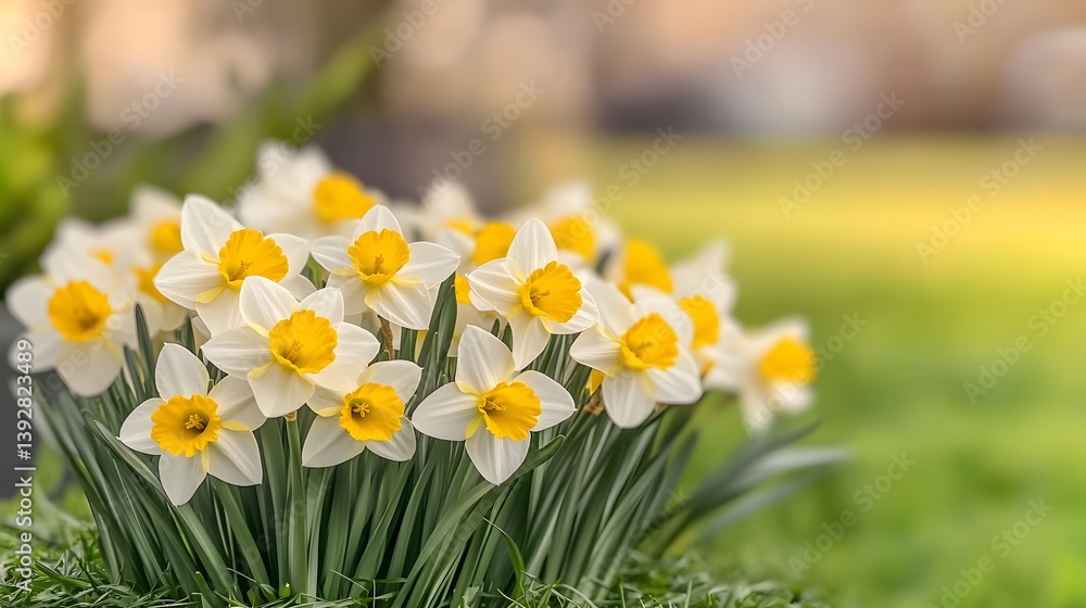 Fototapeta premium Cluster of Daffodils in Bloom with Bright Yellow Centers Set Against a Soft Green Background