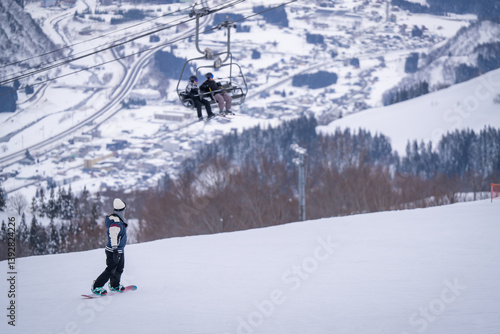 tourist come to take photo skiing and snowboarding at gala yuzawa very famous place near Tokyo transport by Shinkansen about 1 hour  