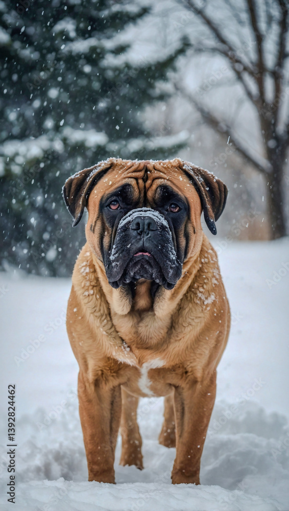 Bullmastiff dog in the snow during winter. Bullmastiff dog in the snow during winter.
