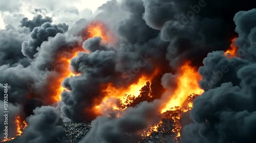 Wallpaper Mural Intense flames and smoke billowing from a fiery explosion amidst dark stormy clouds Torontodigital.ca