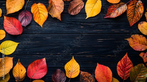 Vibrant autumn leaves create a beautiful frame around a dark rustic wooden background perfect for fall themed designs and seasonal greetings cards.