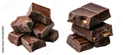 set of chunks of chocolate with nuts isolated on a transparent background	