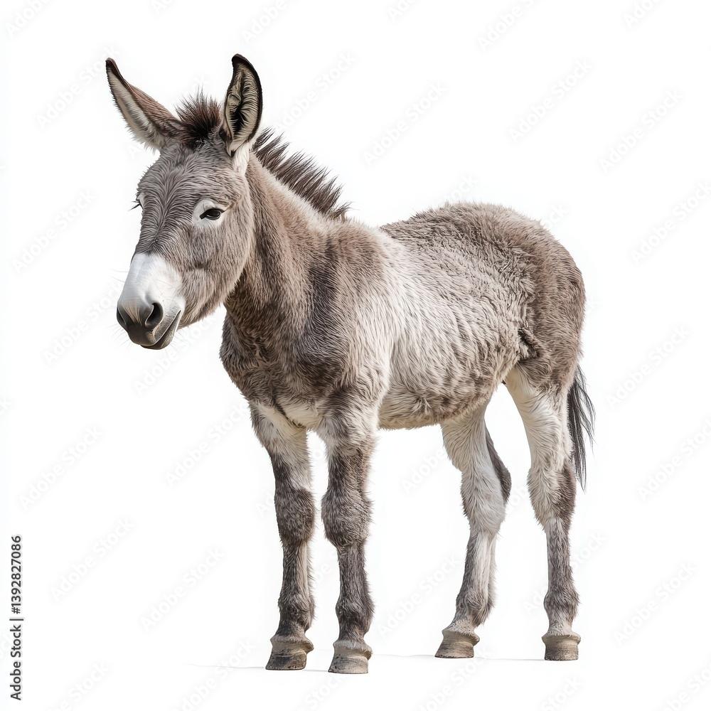 Fototapeta premium Brown donkey standing and facing forward isolated on white