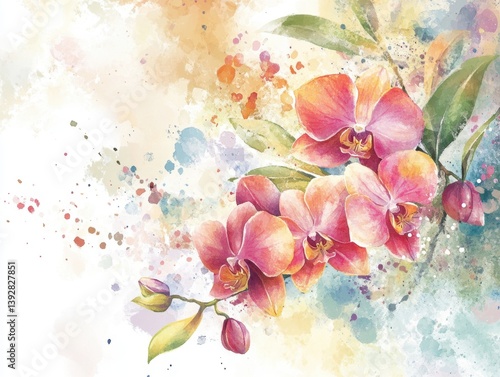 A watercolor painting of a bunch of pink orchids