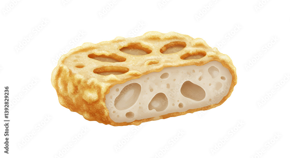 Crispy Lotus Root Slice Showing Texture on a White Background Crispy Lotus Root Slice Showing Texture on a White Background