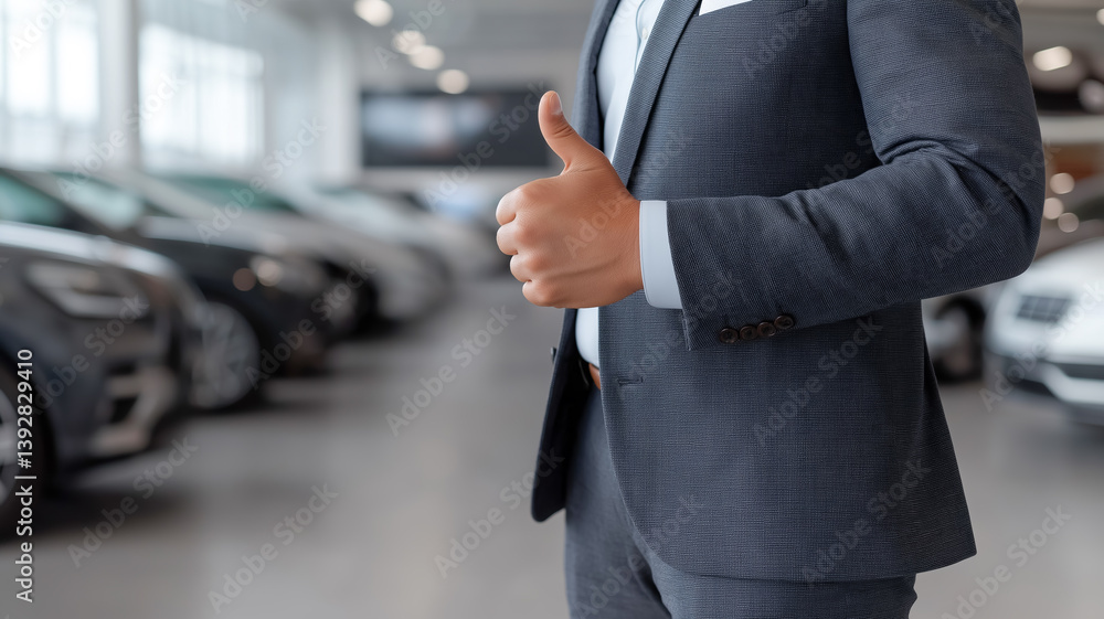 Man in business suit giving thumbs up gesture with cars in showroom in background. Confident and professional image, perfect for business, success and car sales. Man in business suit giving thumbs up gesture with cars in showroom in background. Confident and professional image, perfect for business, success and car sales.