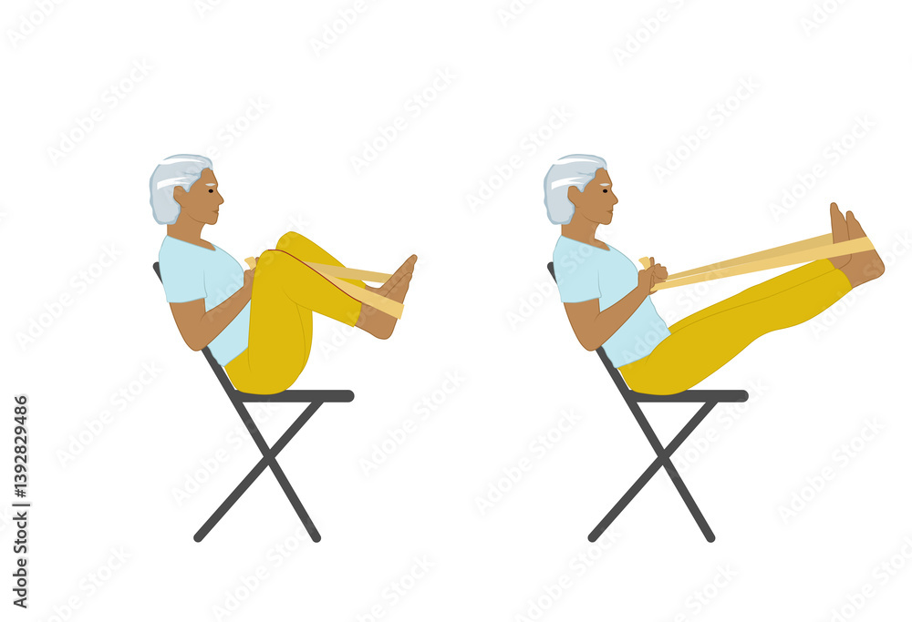 Fototapeta premium a women doing Chair-assisted Leg Stretch exercise - Flat illustration on white background.