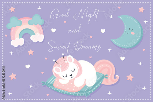 good night and sweet dreams flat vector illustration in pastel colors.