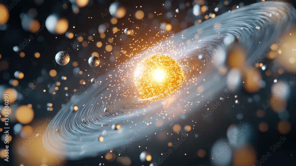Obraz premium A glowing atomic core emitting radiant light like a star, surrounded by orbiting particles resembling moons or satellites