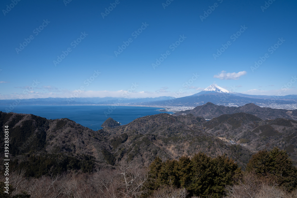 very beautiful landscape view of fuji mountain from top view that we can see mountain ridge ,sea and fujisan at Izu panorama rope way shizuoka Japan very beautiful landscape view of fuji mountain from top view that we can see mountain ridge ,sea and fujisan at Izu panorama rope way shizuoka Japan