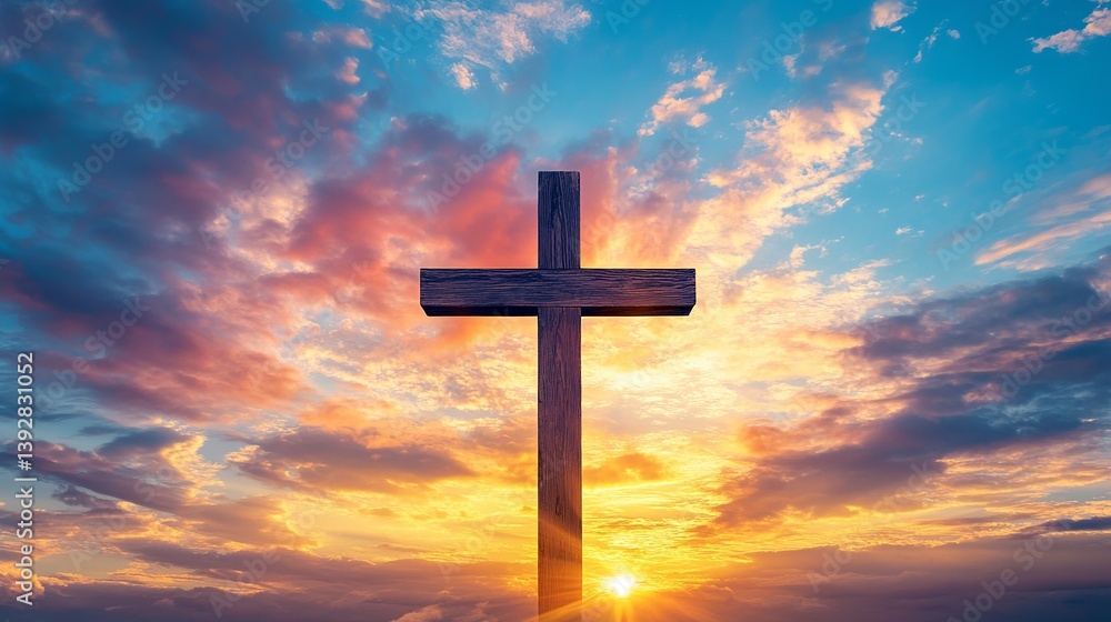 Wooden cross silhouette against colorful sunset sky christian faith and hope religious symbol background Wooden cross silhouette against colorful sunset sky christian faith and hope religious symbol background
