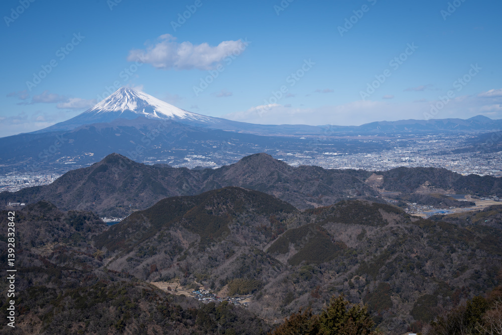 very beautiful landscape view of fuji mountain from top view that we can see mountain ridge ,sea and fujisan at Izu panorama rope way shizuoka Japan very beautiful landscape view of fuji mountain from top view that we can see mountain ridge ,sea and fujisan at Izu panorama rope way shizuoka Japan