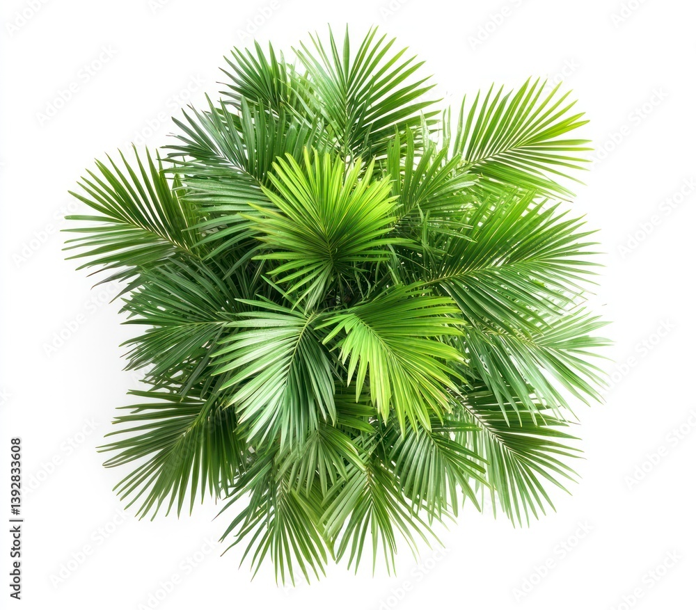 Overhead View of Green Palm Plant with Sunlight on White Background Overhead View of Green Palm Plant with Sunlight on White Background