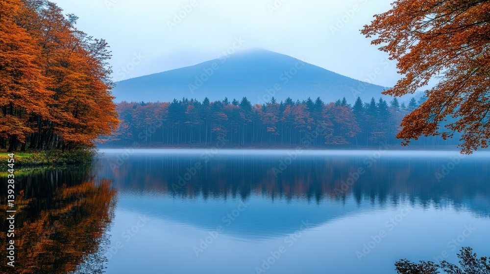 Fototapeta premium Autumn lake mirroring mountain in mist