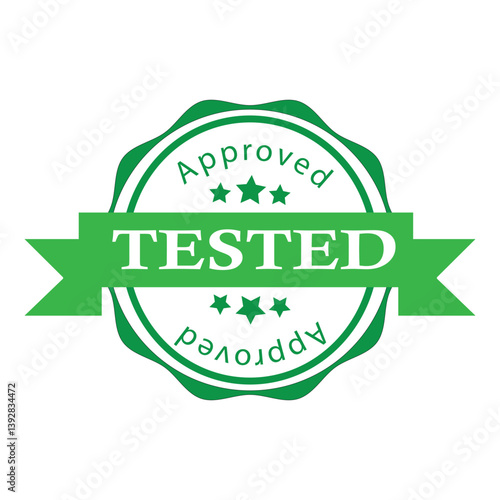 Green Tested & Approved Stamp Ribbon Emblem with Stars and Bold Typography