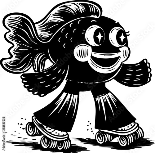 Retro fish rollerblading with wide smile and vibrant fins