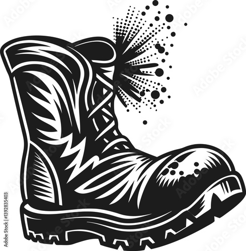 Illustrated protective work boot, safety footwear durable construction gear, rugged and industrial