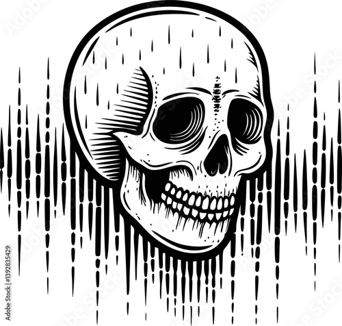 Skull illustration with abstract lines black and white gothic art, horror theme