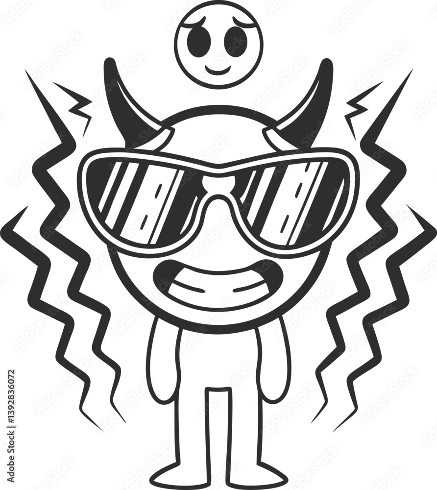 Cool devil character with sunglasses and horns, smiling face emoji above fun, whimsical illustration Cool devil character with sunglasses and horns, smiling face emoji above fun, whimsical illustration