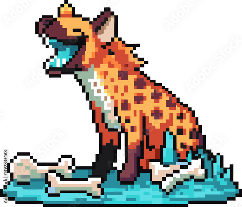 Pixel art hyena laughing jubilantly on bones retro colorful digital animal illustration