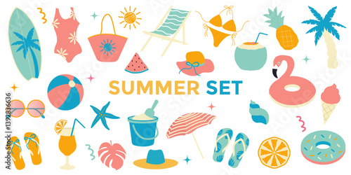 Summer elements set Isolated on white background. Flamingos, ice cream, pineapple, tropic leaves, cocktails, plum tree, watermelon, lemon, beach accessories