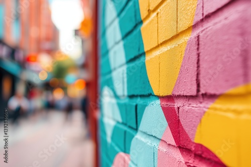 Colorful mural on brick wall in urban setting, artistic street art