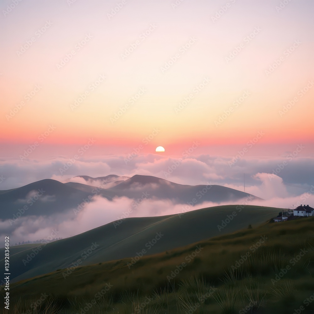 Obraz premium Soft pastel pink sunrise over tranquil hills, gentle clouds, dreamy, calm, pretty