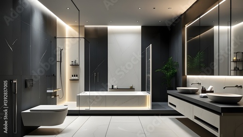 modern luxury bathroom with marble and black finishes, glass shower, built-in lighting, elegant decor and minimalist spa-inspired design in neutral gray and white tones