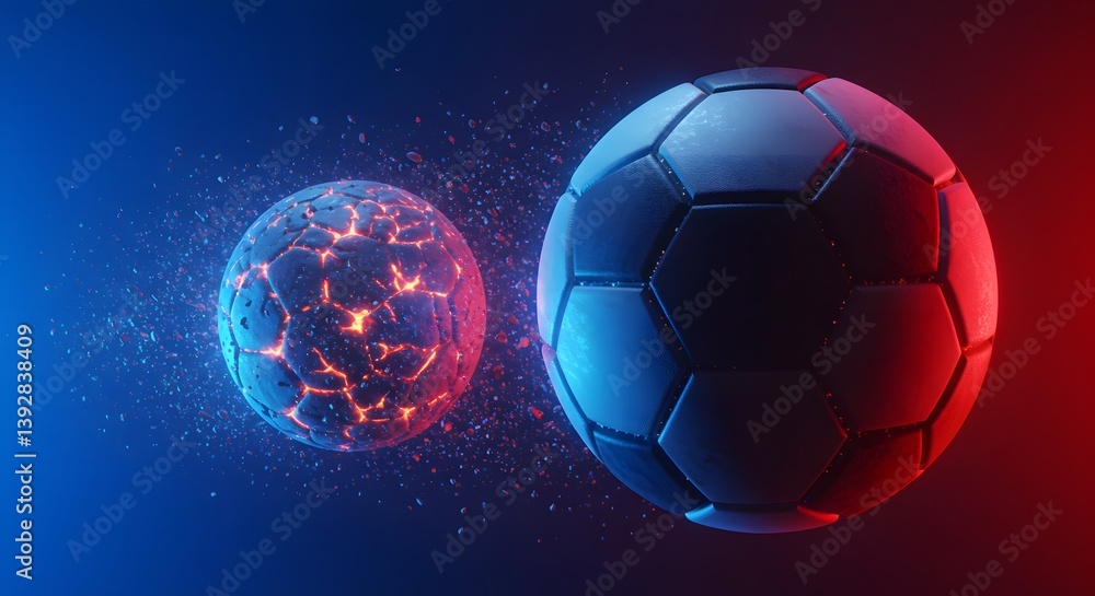 Fototapeta premium Futuristic Soccer Collision: A Shattered Dream vs. Unwavering Strength