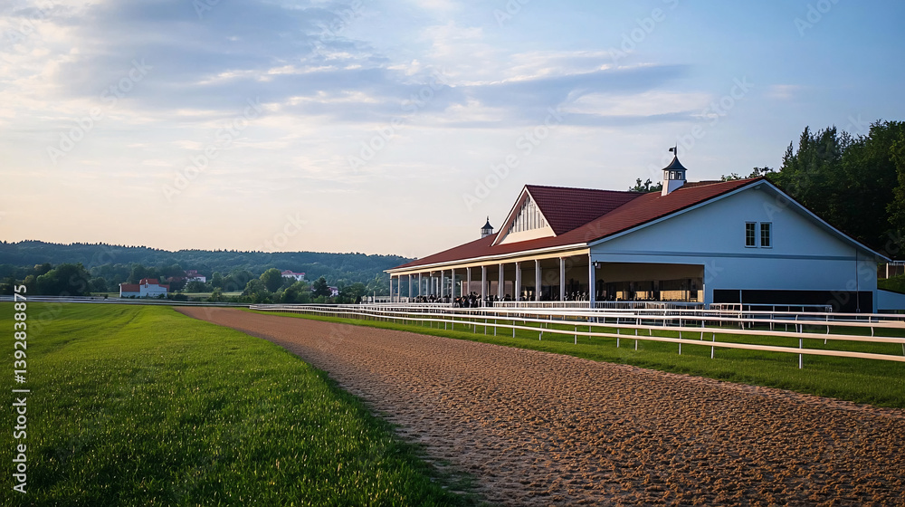 Fototapeta premium A horse race track with a white building in the background