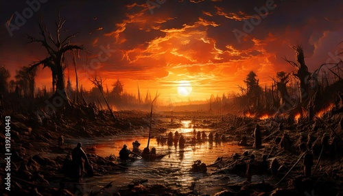 Dark fantasy swamp landscape with eerie figures, fiery glow, and a haunting sunset sky in a post-apocalyptic setting.