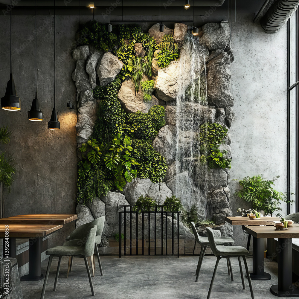 Obraz premium An industrial-style café wall with gray concrete, lush greenery, and waterfalls flowing through natural rock features.