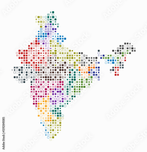 India, shape of the country build of colored cells. Digital style map of the India on white background. Small size rounded square blocks. Modern vector illustration.