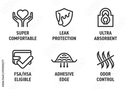 Panty liners properties icons set for labeling in bold line