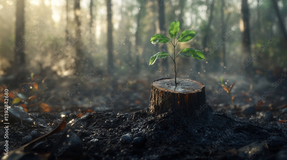 Fresh plant sprout growing in field with stumps. Deforestation. Environment impact.