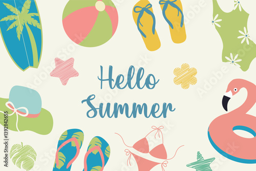Summer design with beach accessories. Modern template for poster, banner, social media post, cover.