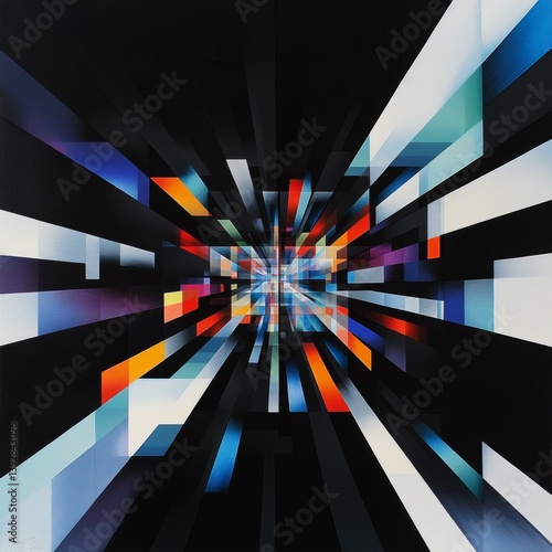 Abstract painting with geometric shapes in blue white orange and black colors.