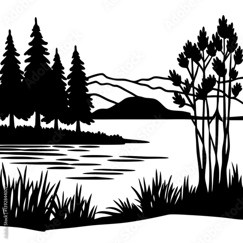 Lake Shoreline Shadows vector silhouette black design white background