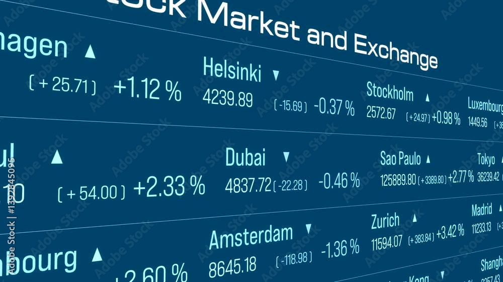Stock index ticker board, Frankfurt, New York, Tokyo, Hong Kong. Business, trading, market resarch, stock exchange. 3D animation Stock index ticker board, Frankfurt, New York, Tokyo, Hong Kong. Business, trading, market resarch, stock exchange. 3D animation
