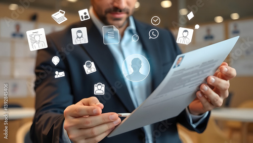 High-Resolution Image Man Reviewing Resume with Digital Overlay