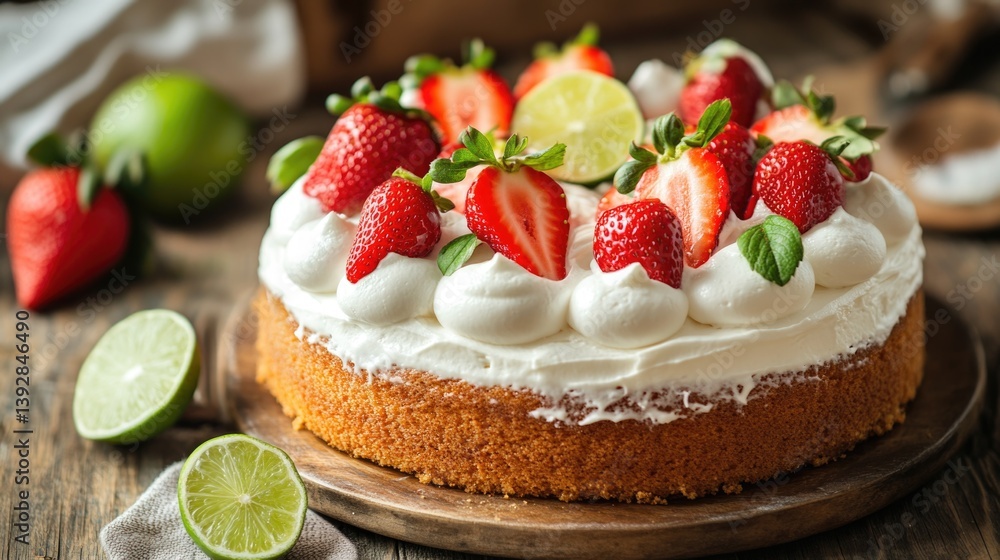 Delicious strawberry lime cake with whipped cream on rustic wooden table. Cinco de Mayo, Battle of Puebla Day, Mexican Heritage Festival - Latin American Cultural Celebration Delicious strawberry lime cake with whipped cream on rustic wooden table. Cinco de Mayo, Battle of Puebla Day, Mexican Heritage Festival - Latin American Cultural Celebration