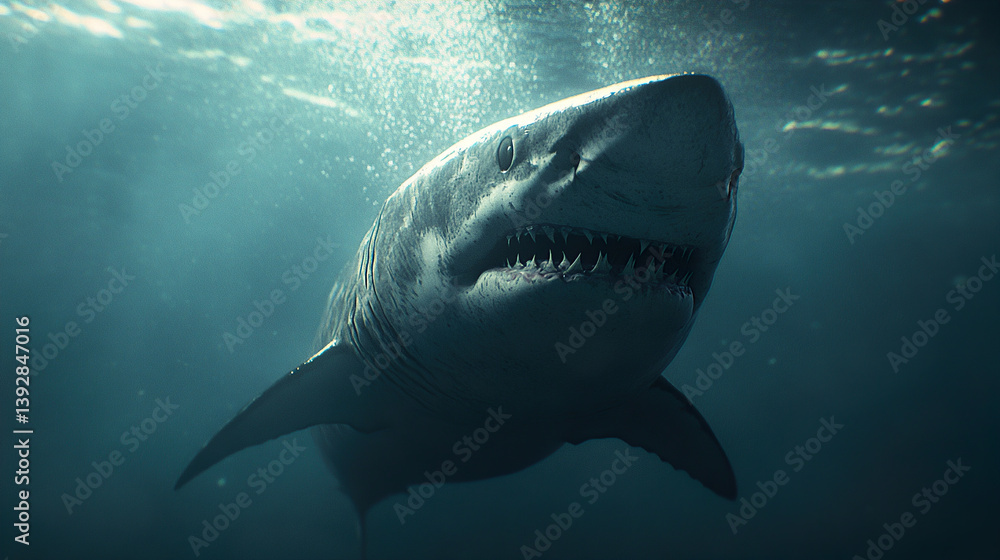 Naklejka premium Shark Encounter: Underwater Predator, Marine Wildlife, Ocean Depths, Sea Creature Portrait, Aquatic Life, Sharks in Their Habitat, Ocean Conservation 