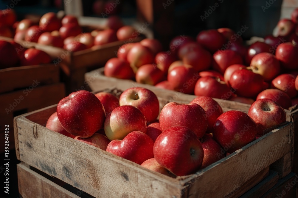 Fresh Red Apples in Wooden Crates at an Outdoor Market Stand Fresh Red Apples in Wooden Crates at an Outdoor Market Stand