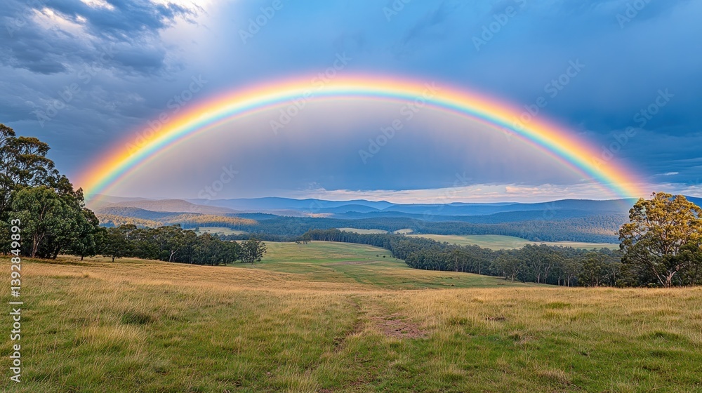 Obraz premium Vibrant rainbow arching over a serene landscape of rolling hills, grasslands, and distant forests under a partly cloudy sky.