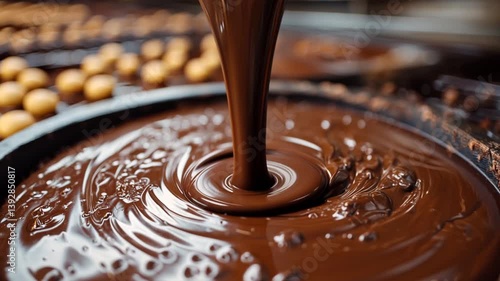 Molten chocolate pouring into a pan, preparing candies