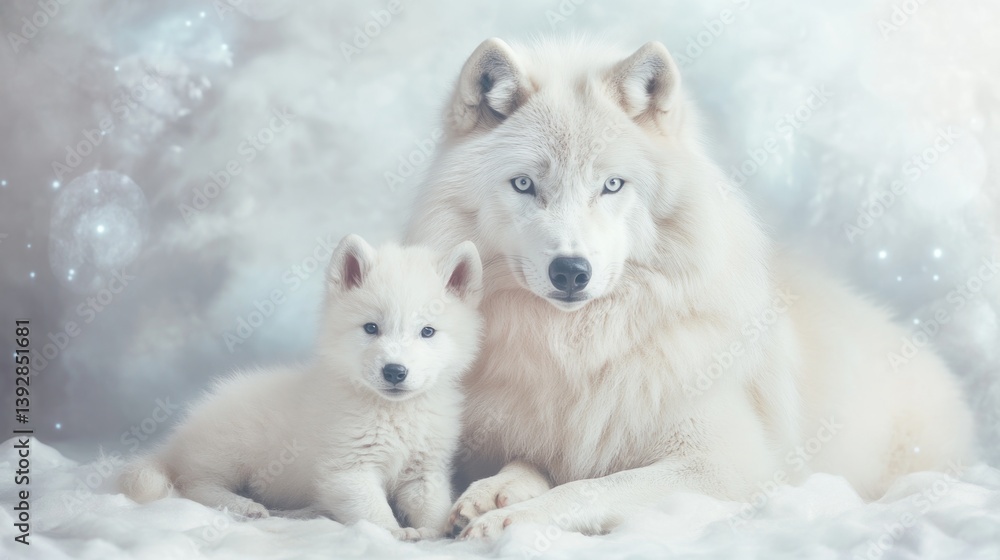 Fototapeta premium Majestic white wolves in winter snowy landscape with pup and adult. Mother's Day, Mothering Sunday, Dia de la Madre - Global Maternal Celebration, Worldwide Family Holiday